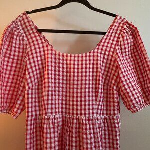 LOFT Red & White Checkered Dress Tie Back Mid-Length Sleeves Size 8